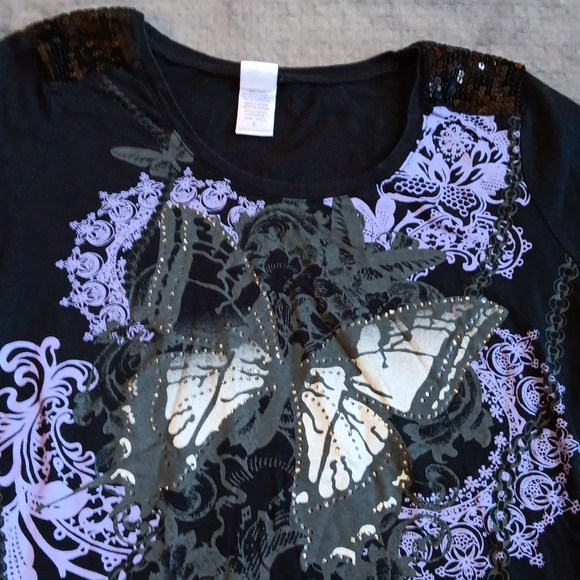 Y2K Butterfly Graphic Sequin Fitted Tee, Black & Purple, 00s Scene Skater Top - Picture 4 of 13